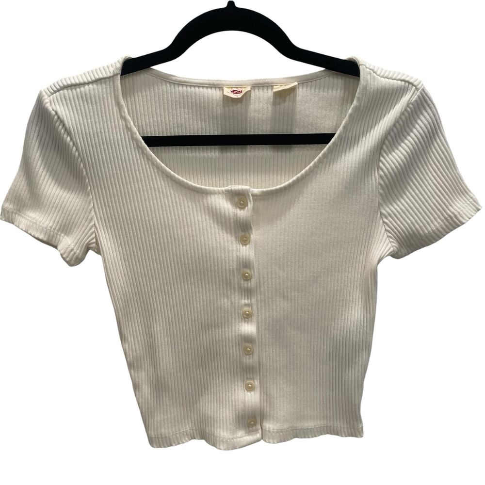 Levi's Short Sleeve Rach Top White Ribbed Button Up Crop Small EUC - Picture 2 of 6